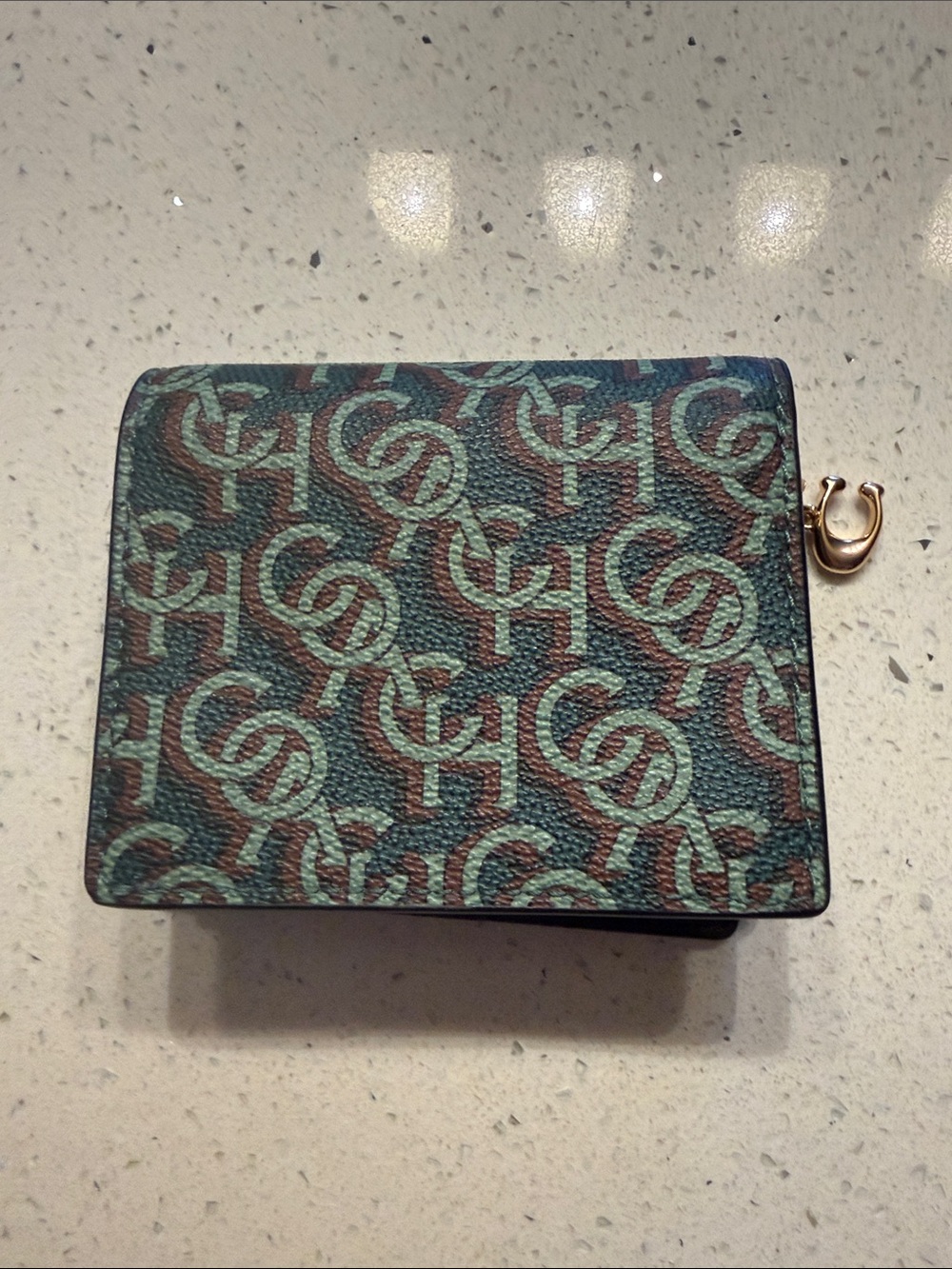 Coach Green and Brown Signature Monogram Zip Wallet